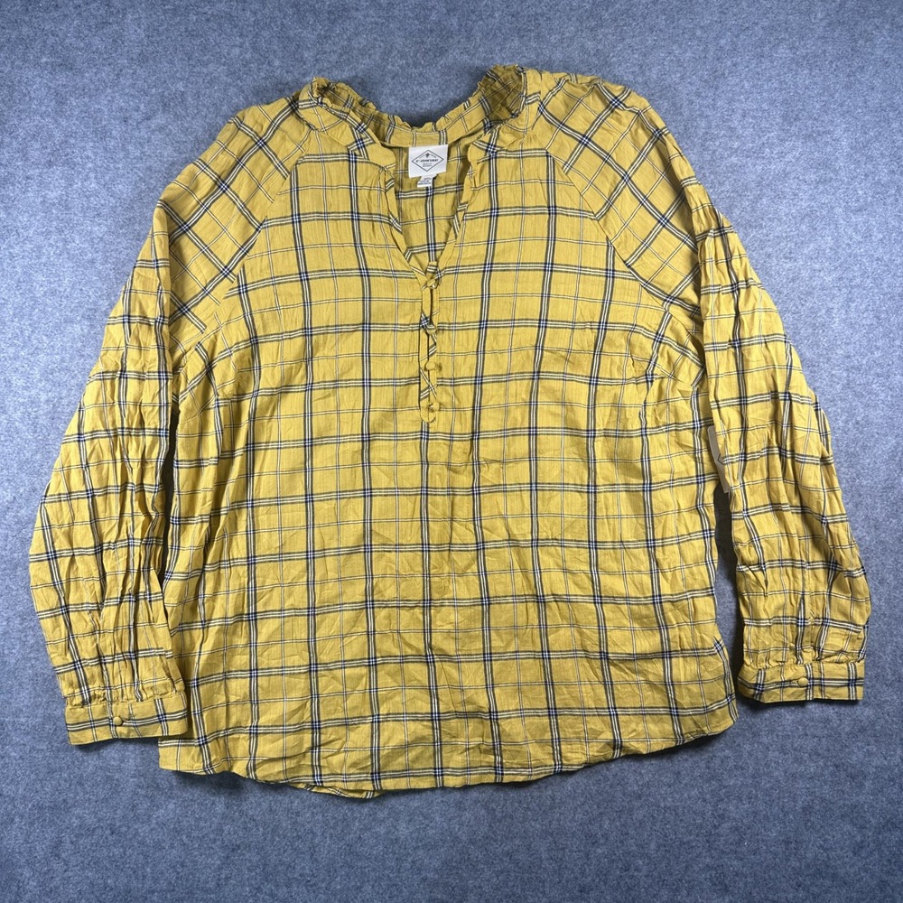 St. John's Bay Plaid Henley Blouse XXL Yellow Cotton Rayon Blend